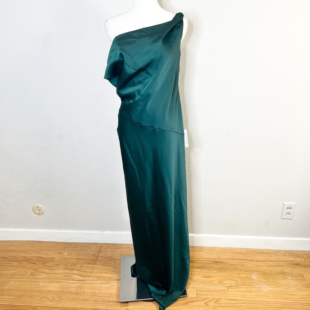 WAYF Emerald Green Satin One Shoulder Maxi Gown Colleen Dressโ Medium NEW FLAWS